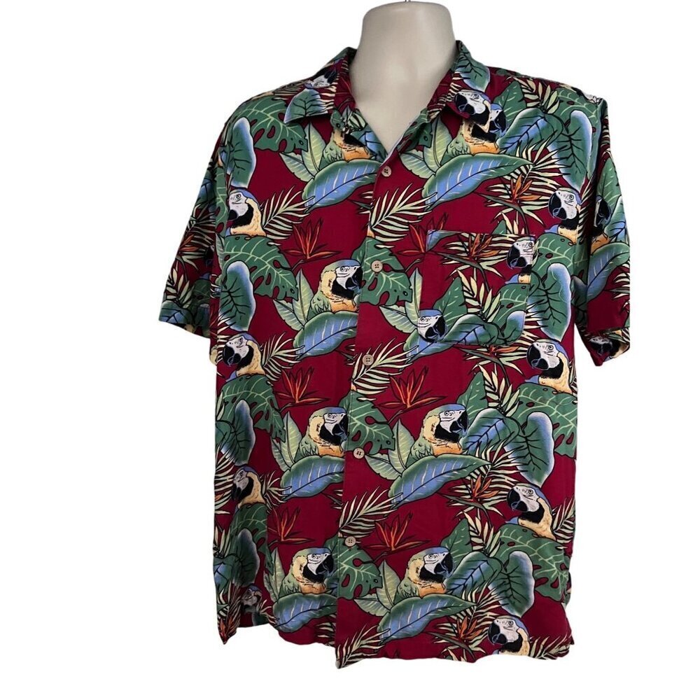 Vintage Mens Red Floral Hawaiian Aloha Parrots Button Up Shirt Large Pocket